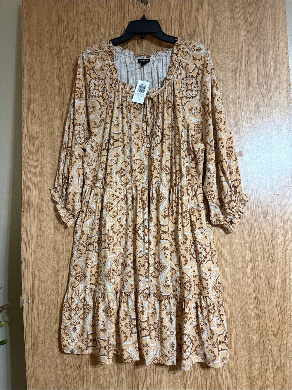 torrid Tan Paisley Ruffle-Neck Tiered Midi Dress